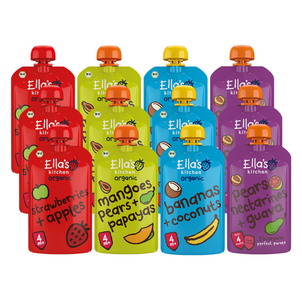 Ella's kitchen 4+ m 12 stuks Knijpzakjes Appel, Banaan, Mango en Peer Pakket
