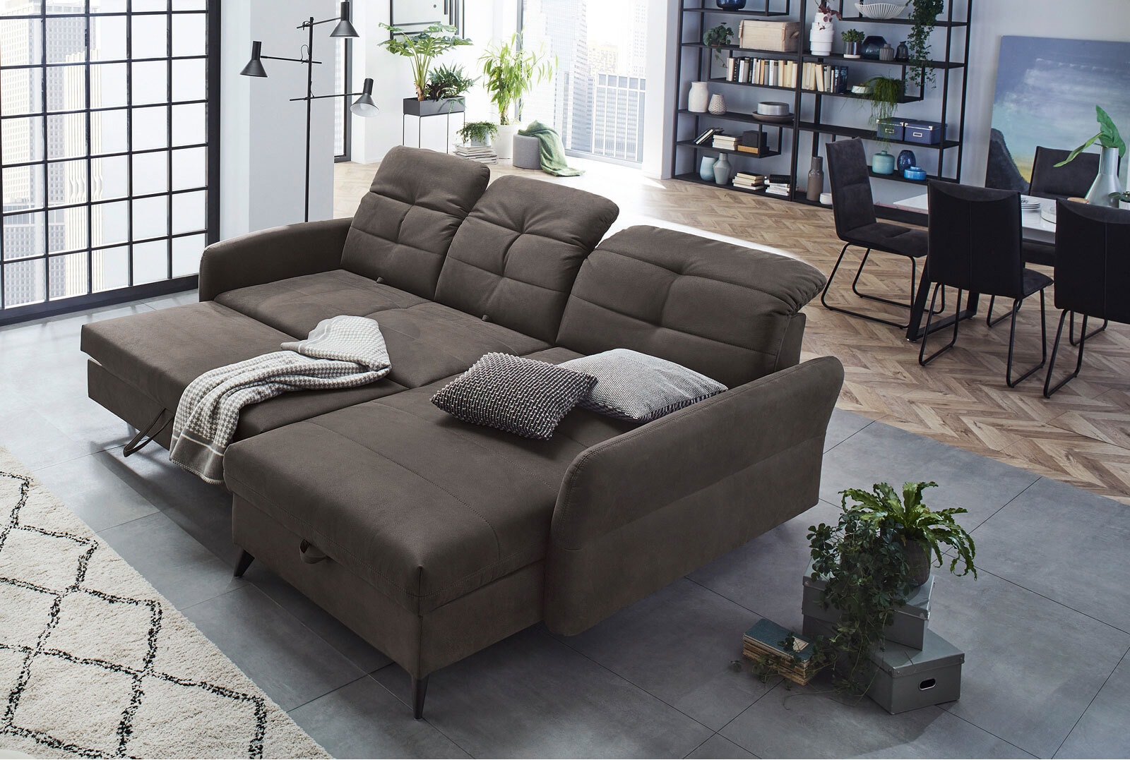 Ecksofa Loft, Stoff Dunkelbraun, Sitztiefenverstellung