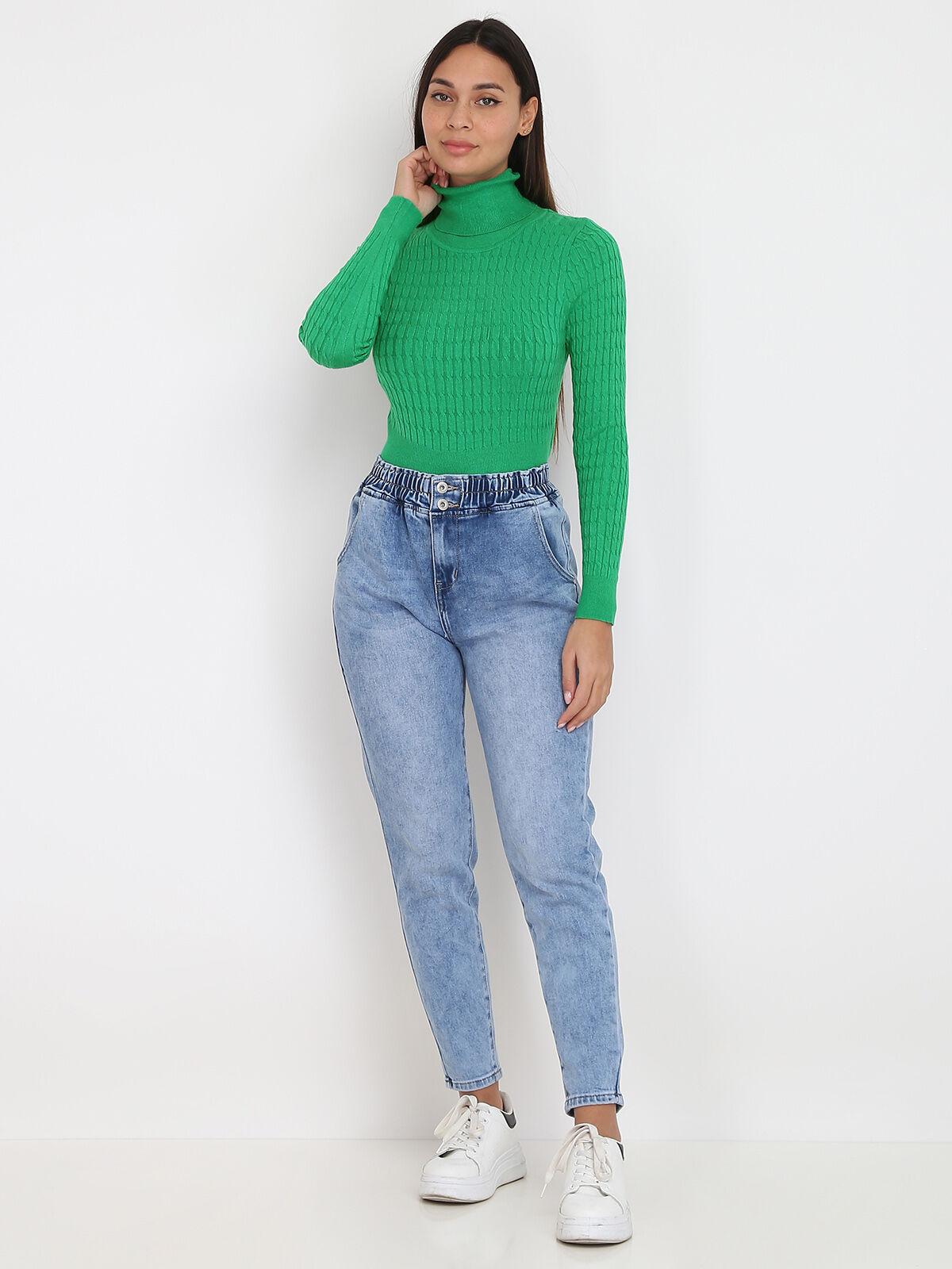 Pull en maille torsadée et col roulé- Vert