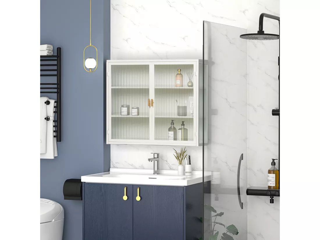 Armoire Murale Moderne à Deux Portes avec Verre Trempé et Rangement à Trois Niveaux, pour Salon, Entrée, Salle de Bain et Salle à Manger (70cm, Blanc)