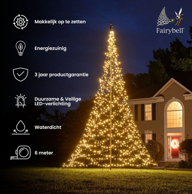 Fairybell LED Buiten Kerstboom Voor In de Vlaggenmast - 6 Meter - 1200LEDs - Warm Wit
