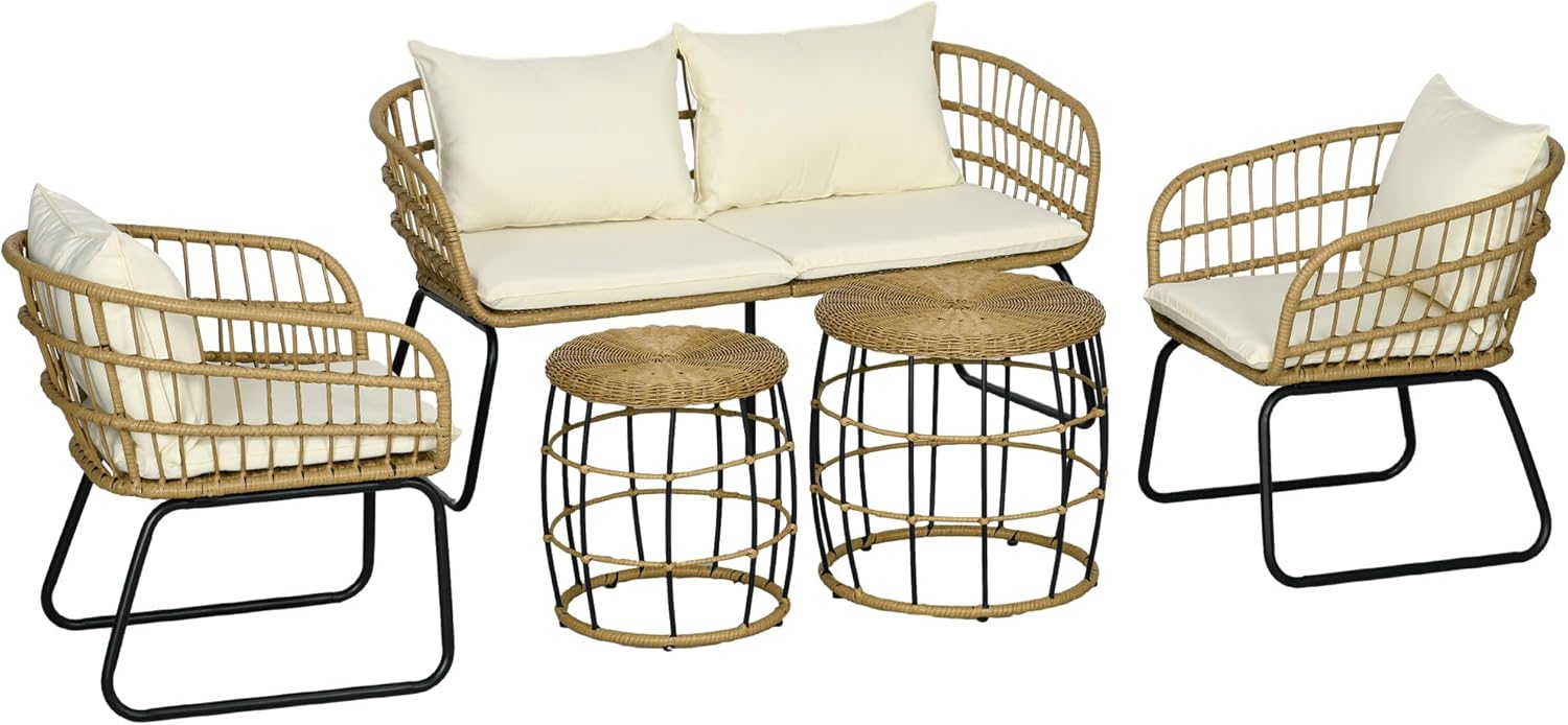 Outsunny 5 TLG. Rattan Gartenmöbel-Set, Sitzgruppe mit Kissen, Gartengarnitur mit 2 Couchtischen, 2 Sesseln, 1 Doppelsofa, Sitzgarnitur für Garten, Terrasse, Stahl, Beige