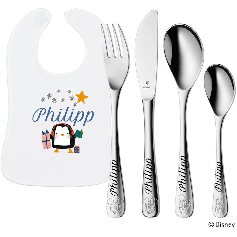 Schnullireich Geschenkset mit Namen WMF Kinderbesteck Mickey & Friends + Lätzchen Pinguin Silber