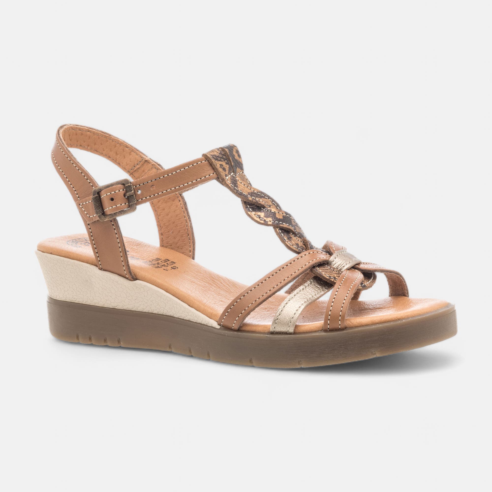 Sandales à talon compensé Femme en cuir cognac