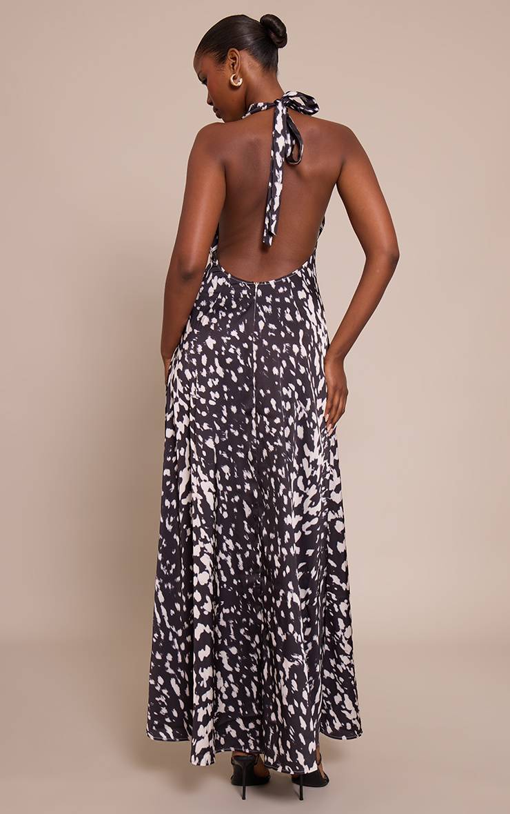 Noir Robe Longue Imprimée En Satin À Col Bénitier