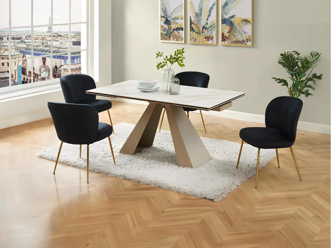 Table à manger extensible 6 à 10 personnes en verre trempé, céramique et métal - Effet marbre blanc et beige - LOZIPA de Maison Céphy