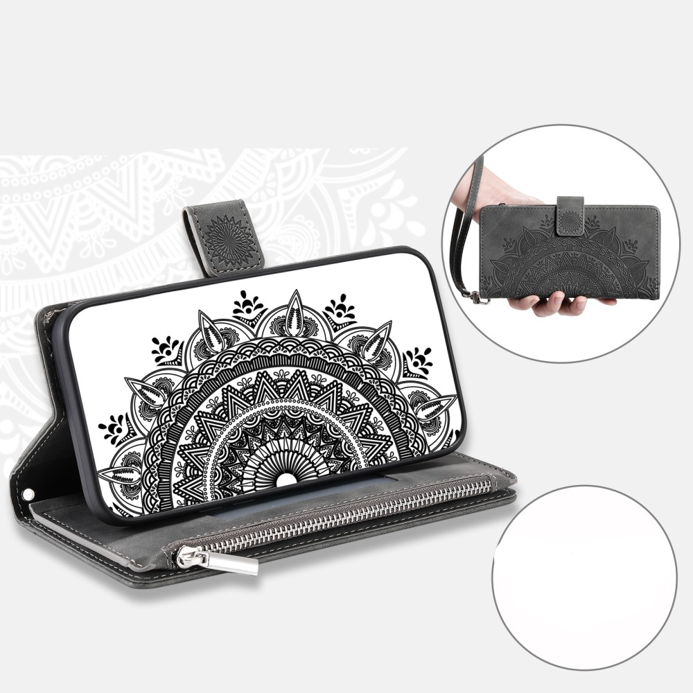 iPhone 15 Leder Tasche Flip Cover mit Reissverschluss - Mandala Flowers Imprint - Grau