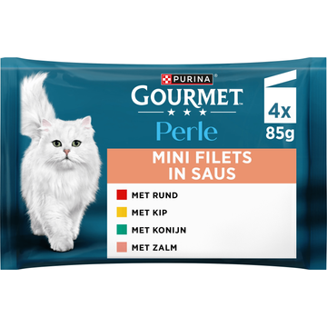 Gourmet Perle Mini Filets In Saus, Volledig Nat Diervoeder Voor Volwassen Katten, Met Kip, Met Rund, Met Konijn, Met Zalm, 85g  Maaltijdzakje