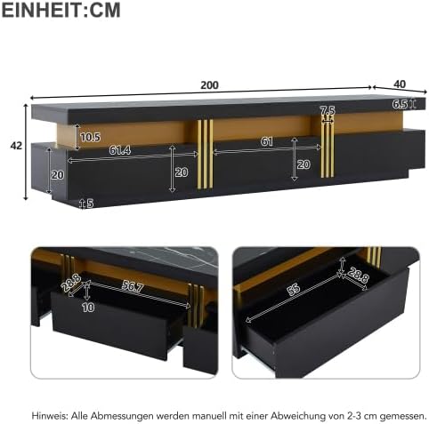 Merax TV Schrank 200 cm – Schwarz, Lowboard mit Marmor-Optik, 3 Schubladen und Kabelmanagement, TV Board für Fernseher bis 90 Zoll, Wohnwand für Wohnzimmer