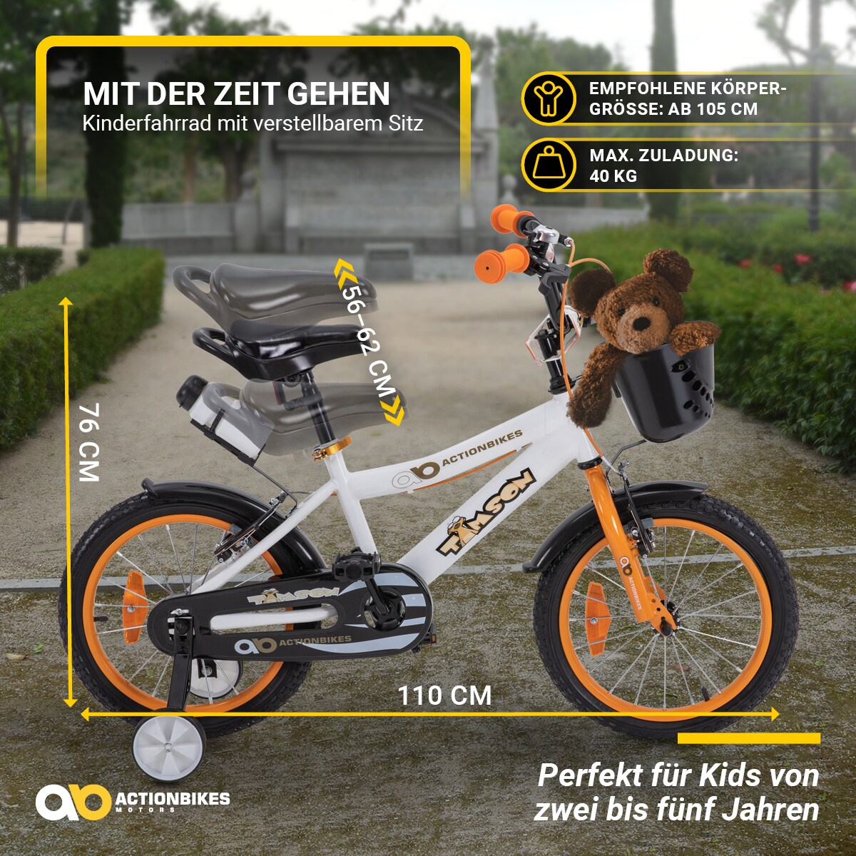 Actionbikes Kinderfahrrad Timson 16 Zoll, V-Brake-Bremsen, höhenverstellbar, Stützräder, Korb