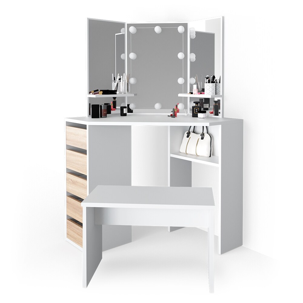 VICCO LED Eckschminktisch ARIELLE Kosmetiktisch Frisiertisch Weiß Eiche Bank