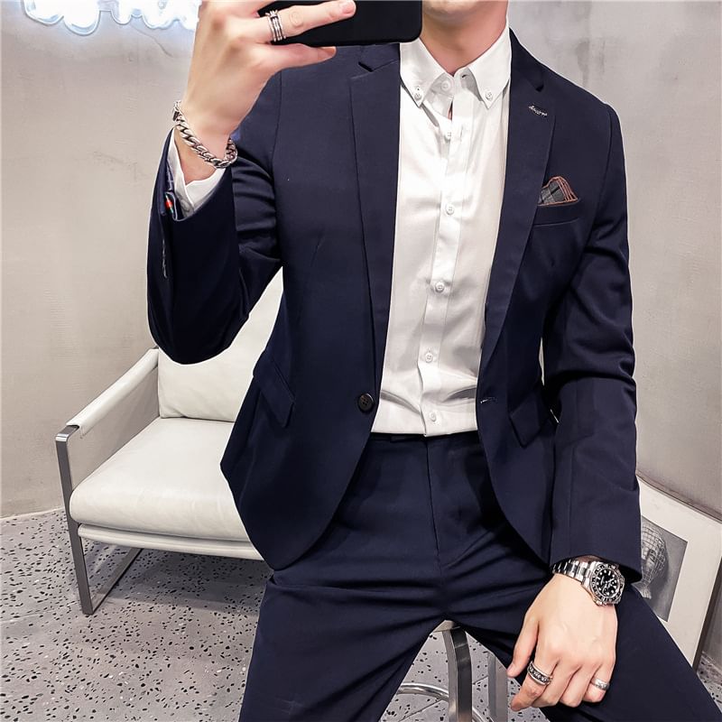 Blueforce - Set: Effen blazer + Hoge taille rechte broek