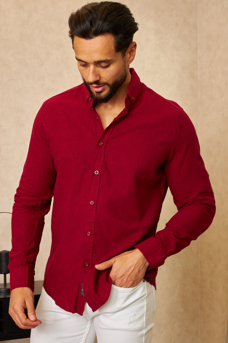 Chemise en lin bordeaux manches longues