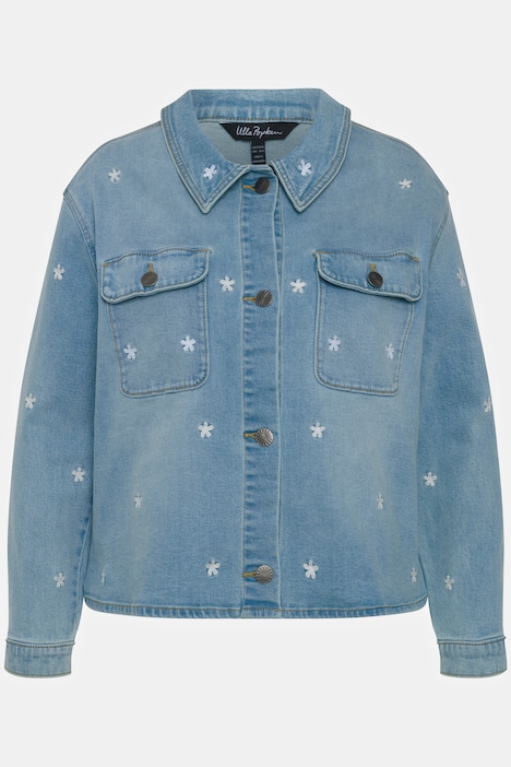 Jeansjacke, Oversized, Blütenstickerei, Hemdkragen