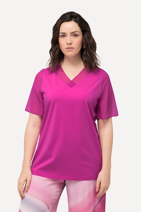 T-Shirt, Chiffon-Blende, V-Ausschnitt, Chiffon-Halbarm