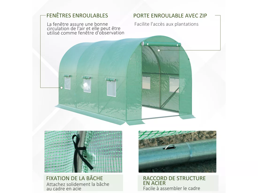 Serre de jardin tunnel 8 m² 4L x 2l x 1,9H m acier galvanisé renforcé diamètre 2,4 cm + PE haute densité fenêtres porte vert