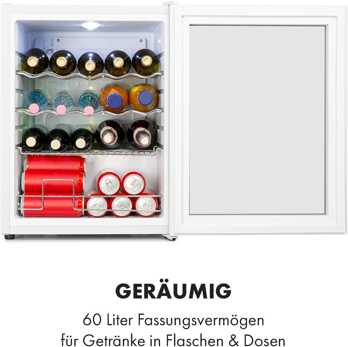Klarstein Mini Kühlschrank mit Glastür, für Zimmer, Getränkekühlschrank mit Verstellbaren Ablagen, Kleiner Kühlschrank mit Wellenform-Racks, 60 Liter Leise