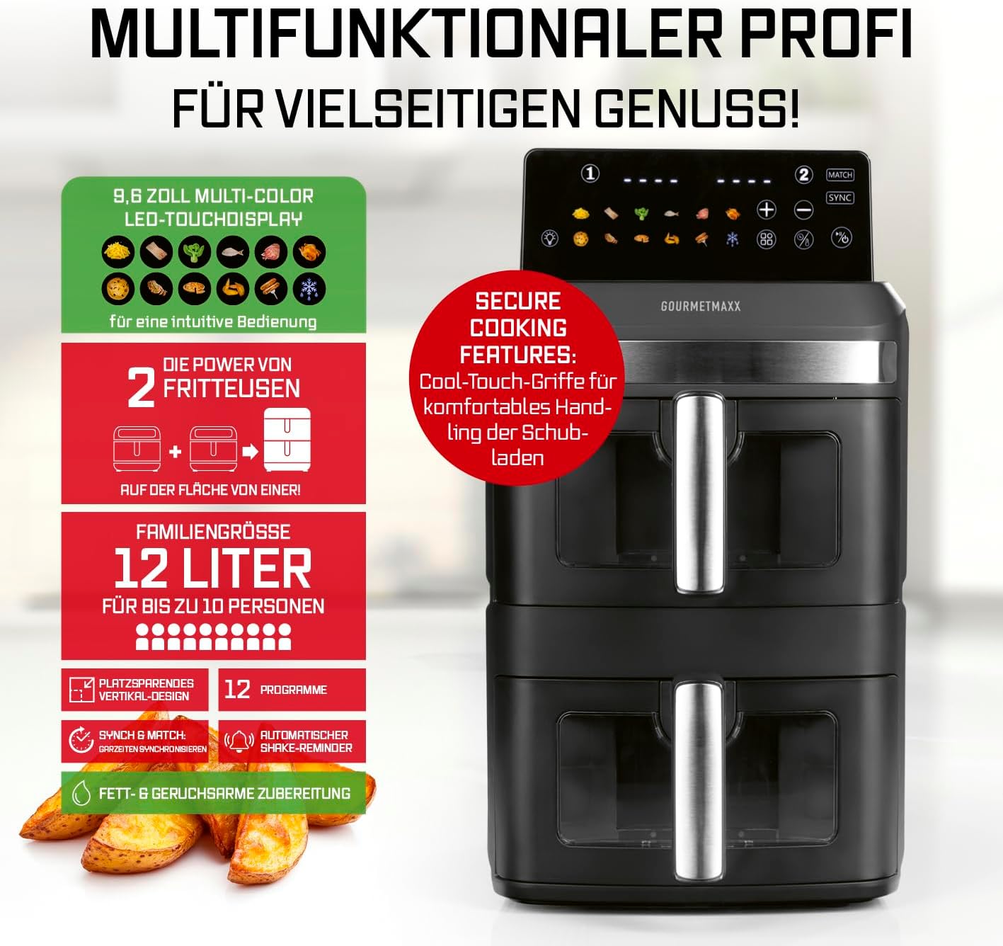 GOURMETmaxx FryUp XL vertikale Doppelkammer Heißluftfritteuse mit Sichtfenster - 12 L | Airfryer mit 9,6 Zoll Multi-Colour LED-Touchdisplay & 12 Programmen | Heißluftfritteuse 2 Kammern mit Oberhitze