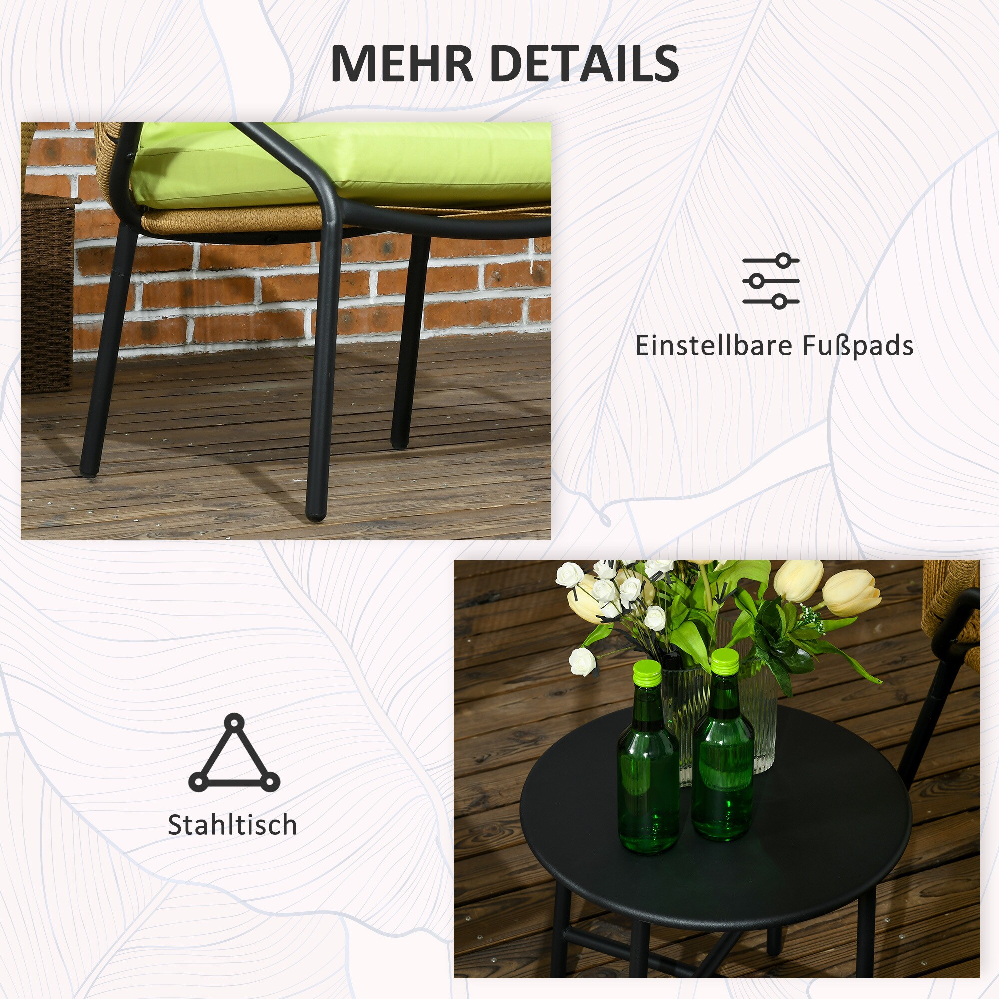 Outsunny Gartenbistro-Set mit Beistelltisch und Sitzkissen grün 65L x 60B x 77H cm