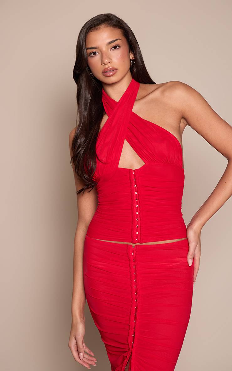 Rouge Haut En Mesh Froncé À Encolure Licou Croisée