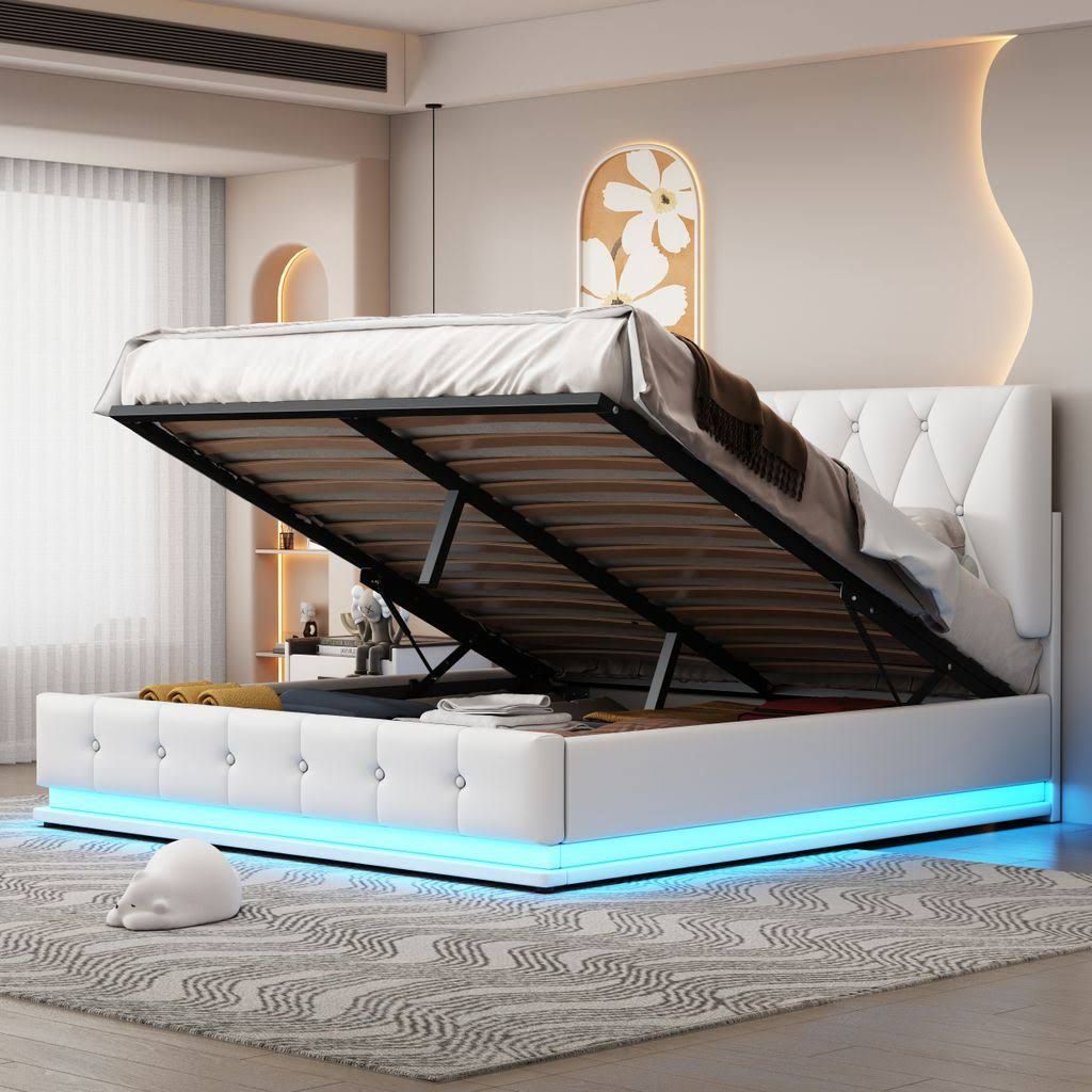 Flieks Polsterbett mit LED, hydraulisches Boxspringbett 140x200cm mit Lattenrost und Stauraum, Doppelbett Holzbett Jugendbett Kunstleder