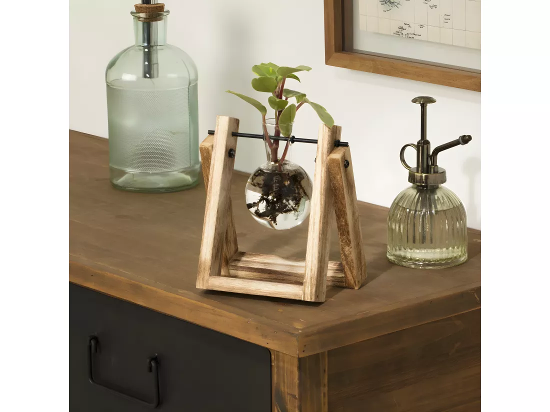 Soliflore en verre avec support en Bois H 16 cm