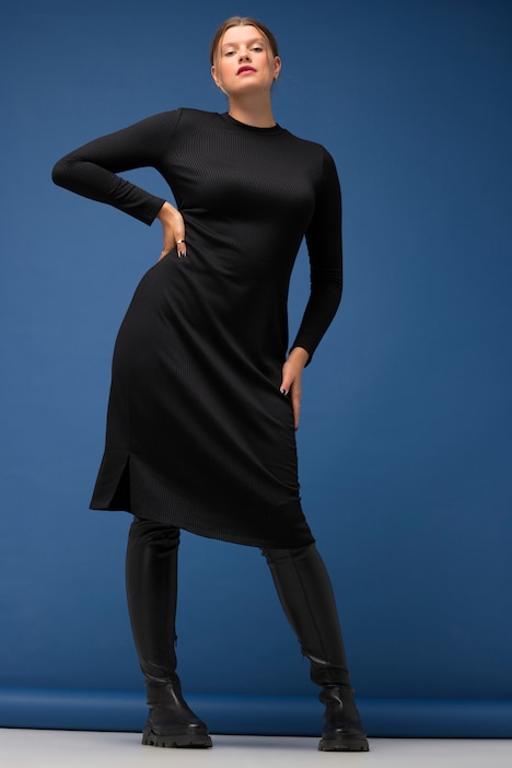 Jersey-Midikleid, Slim Fit, Rippjersey, Stehkragen, Langarm