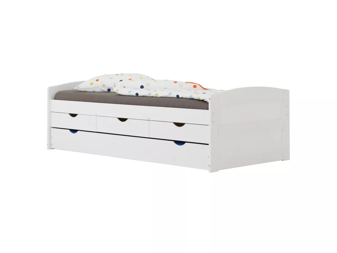 Lit gigogne JESSY lit enfant fonctionnel avec tiroir-lit et rangements 3 tiroirs, couchage 90 x 200 cm, en pin massif lasuré blanc
