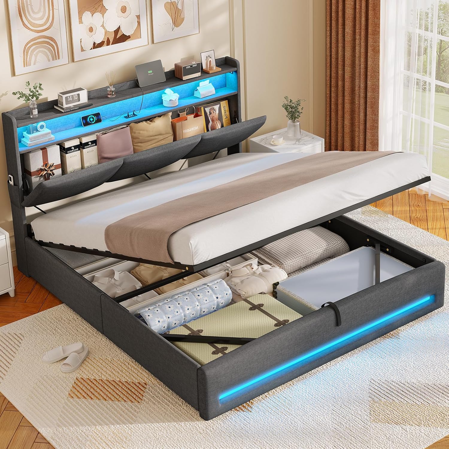 AOGLLATI Polsterbett 140×200 mit Steckdosen und LED-Beleuchtung, Doppelbett mit Stauraum Kopfteil, Bett 140×200 mit Hydraulische Stauraum und Lattenrost aus Holz, Linen, Dunkelgrau（Ohne Matratze）