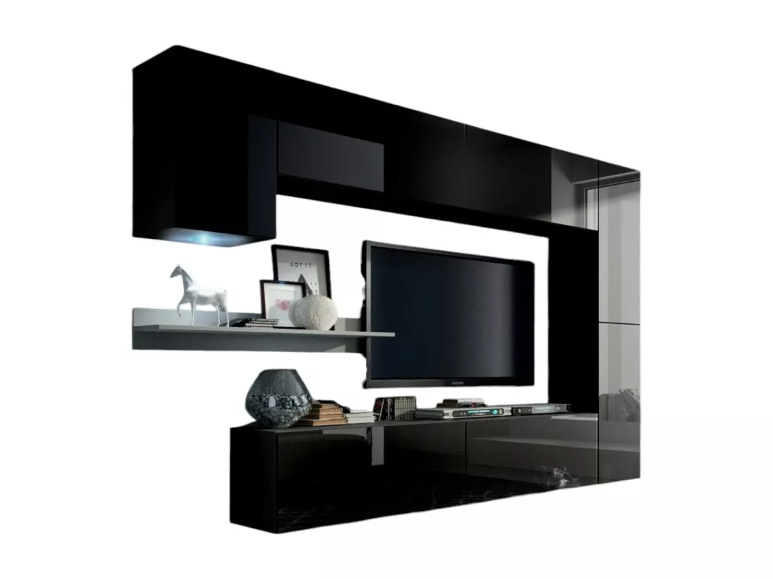 Ensemble de meubles de salon noir suspendus collection CEPTO VI 256cm, 7 portes, étagère murale blanche, leds, modulables.