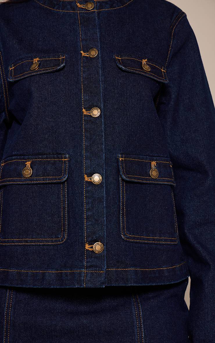 Bleu Indigo Veste En Jean Sans Col Avec Détails De Poches Pour Petite Taille