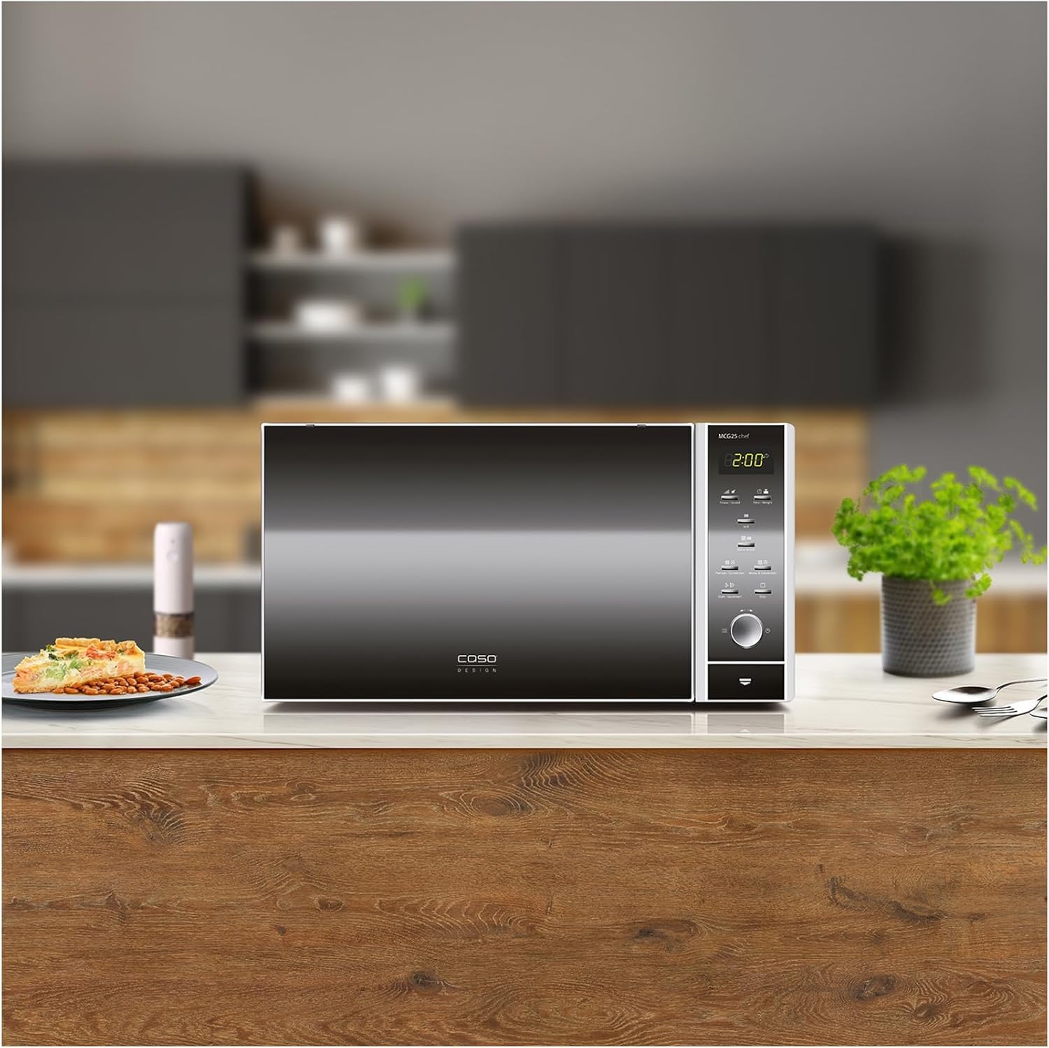 CASO | MCG25 chef 3-in-1 Mikrowelle mit Grill und Heißluft 1950W | Backofen-Funktion bis 200°C, Drehteller Ø 27cm, 25 L, Design Edelstahl verspiegelt