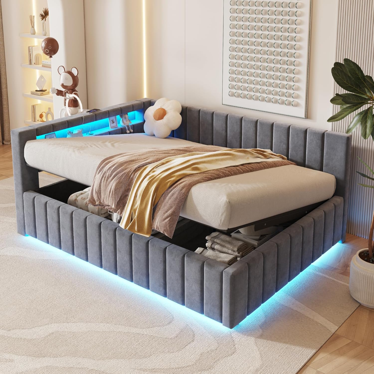 Polsterbett Schlafsofa 140x200, Doppelbett mit Hydraulischem Stauraum, mit LED-Licht und USB-Ladefunktion, Tagesbett Jugendbett mit Lattenrost, Samtstoff, ohne Matratze, Grau BN1838502