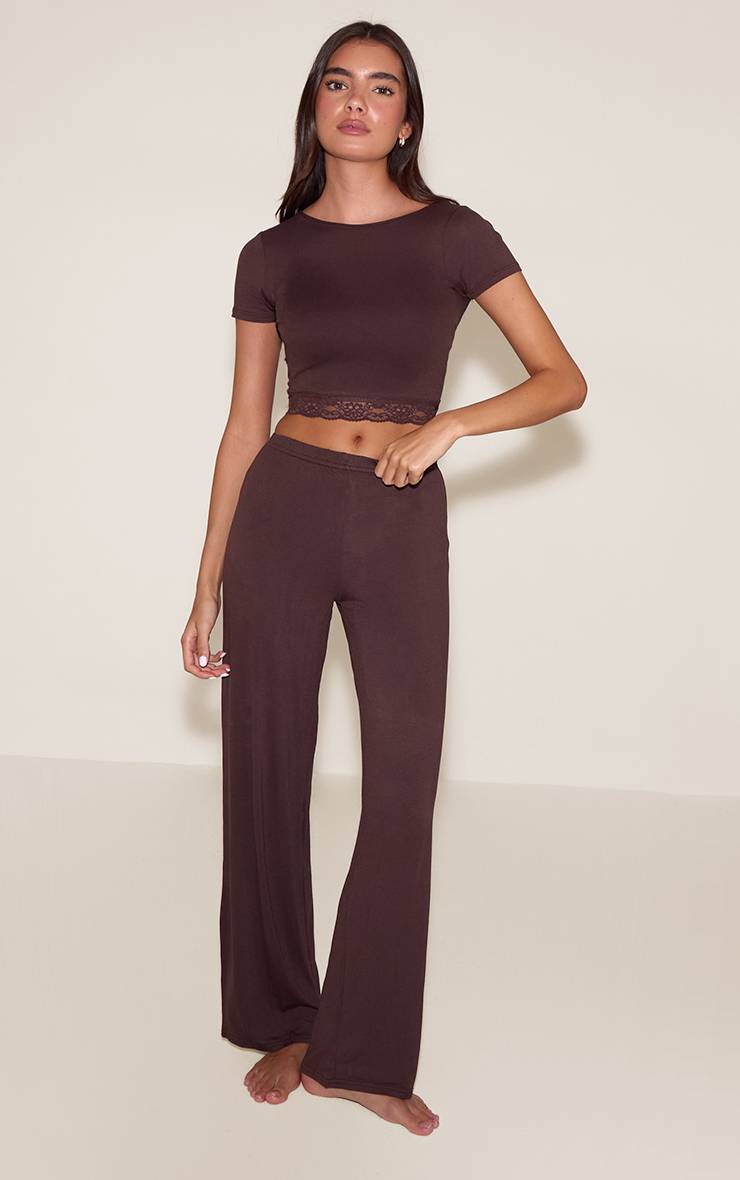 Chocolat Ensemble Pyjama Long En Jersey Avec Finitions En Dentelle