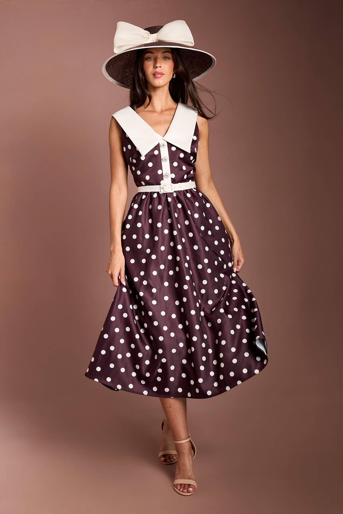 Coast Robe Midi Lisa En Crêpe À Col V Et Pois Beige