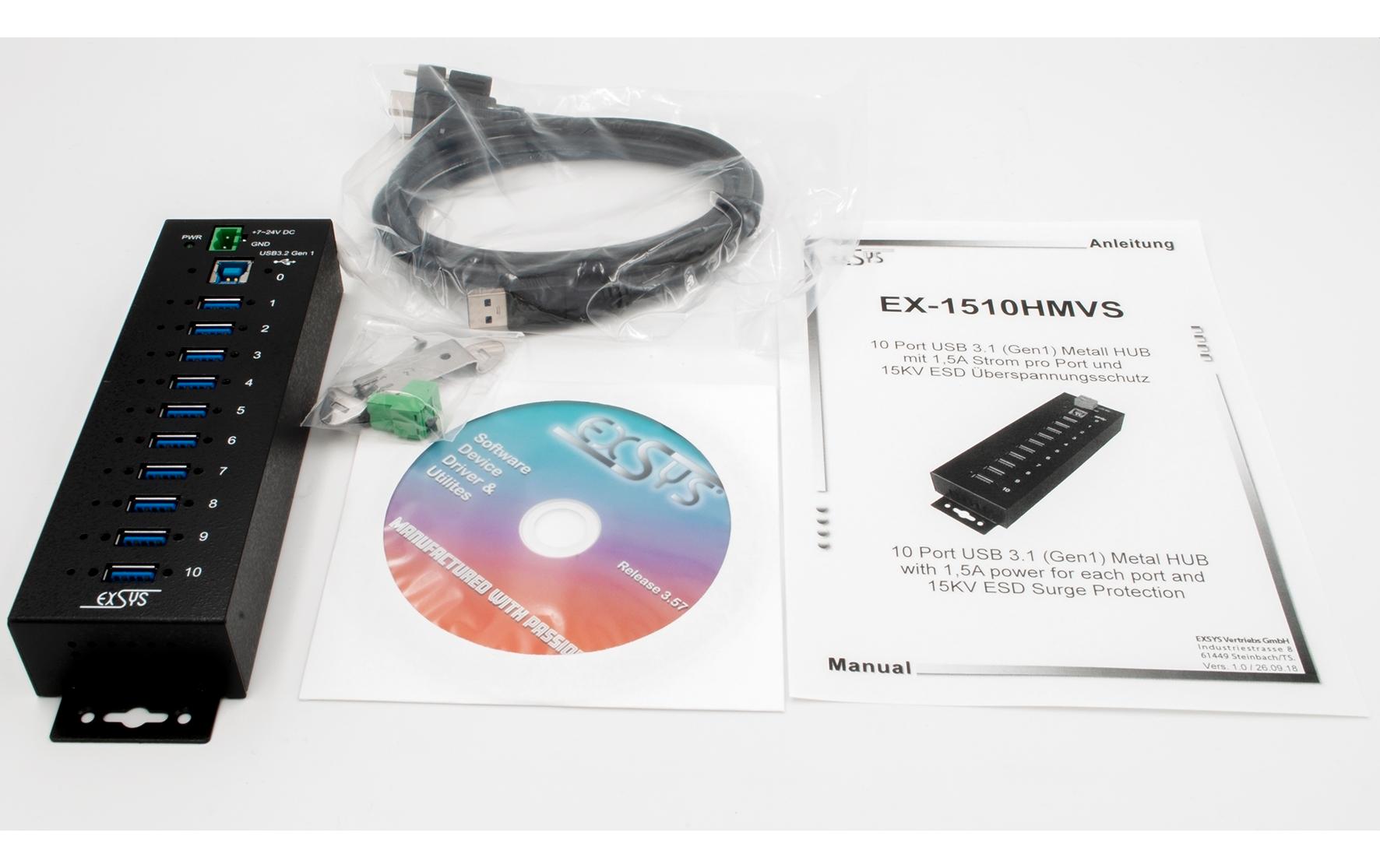USB-Hub EX-1510HMVS<br>DIN-Rail-fähiger 10-Port-USB-3.0-Hub für Industrieanwendungen