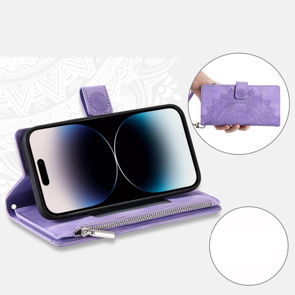 iPhone 15 Pro Leder Tasche Flip Cover mit Reissverschluss - Mandala Flowers Imprint - Lila