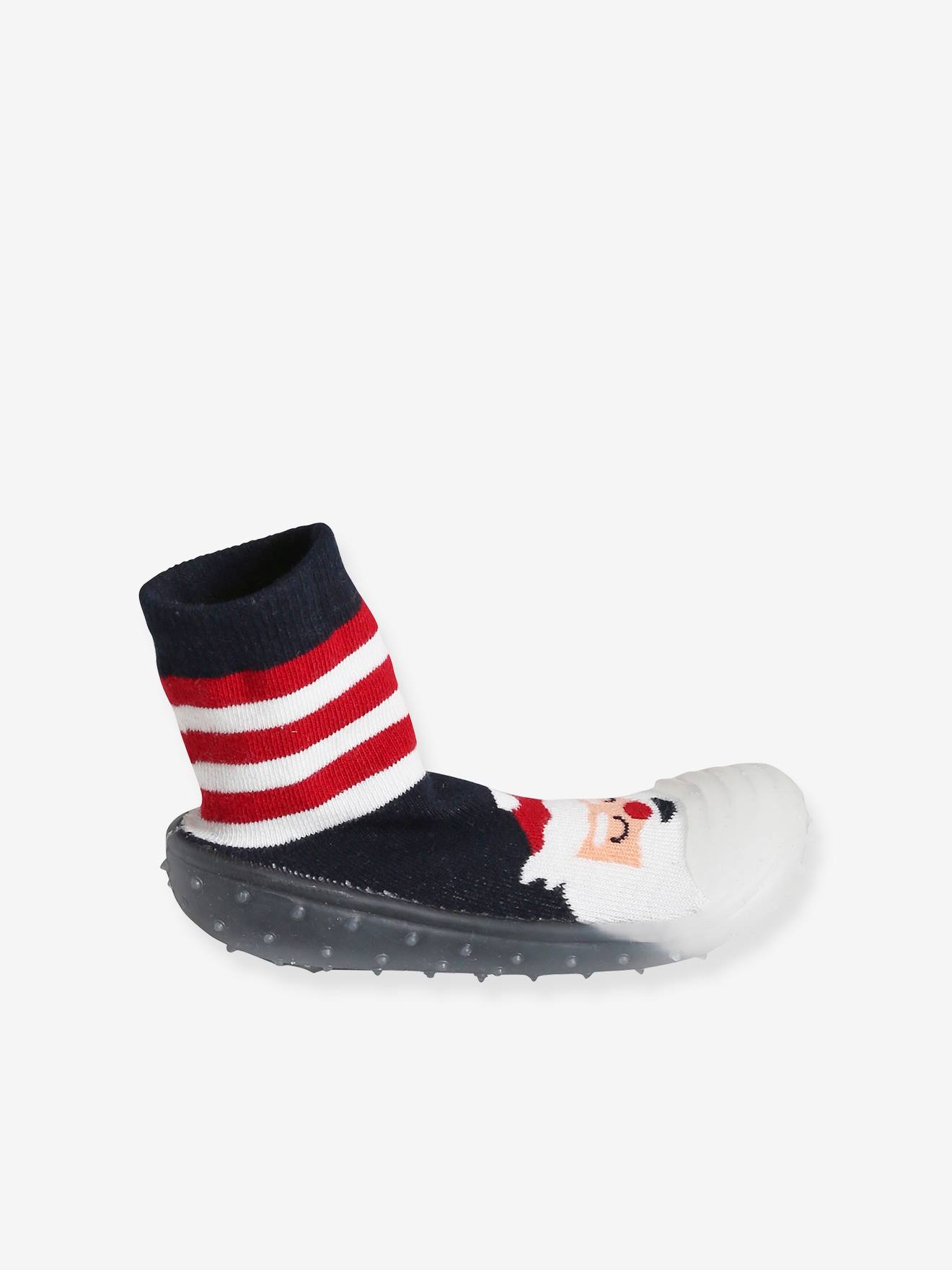 Pantufas infantis de Natal antiderrapantes, estilo meia, com listras vermelhas.
