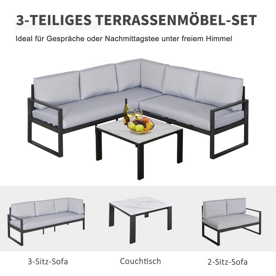 Outsunny Gartengarnitur mit Beistelltisch und Sitzpolstern, 3-teilig Grau