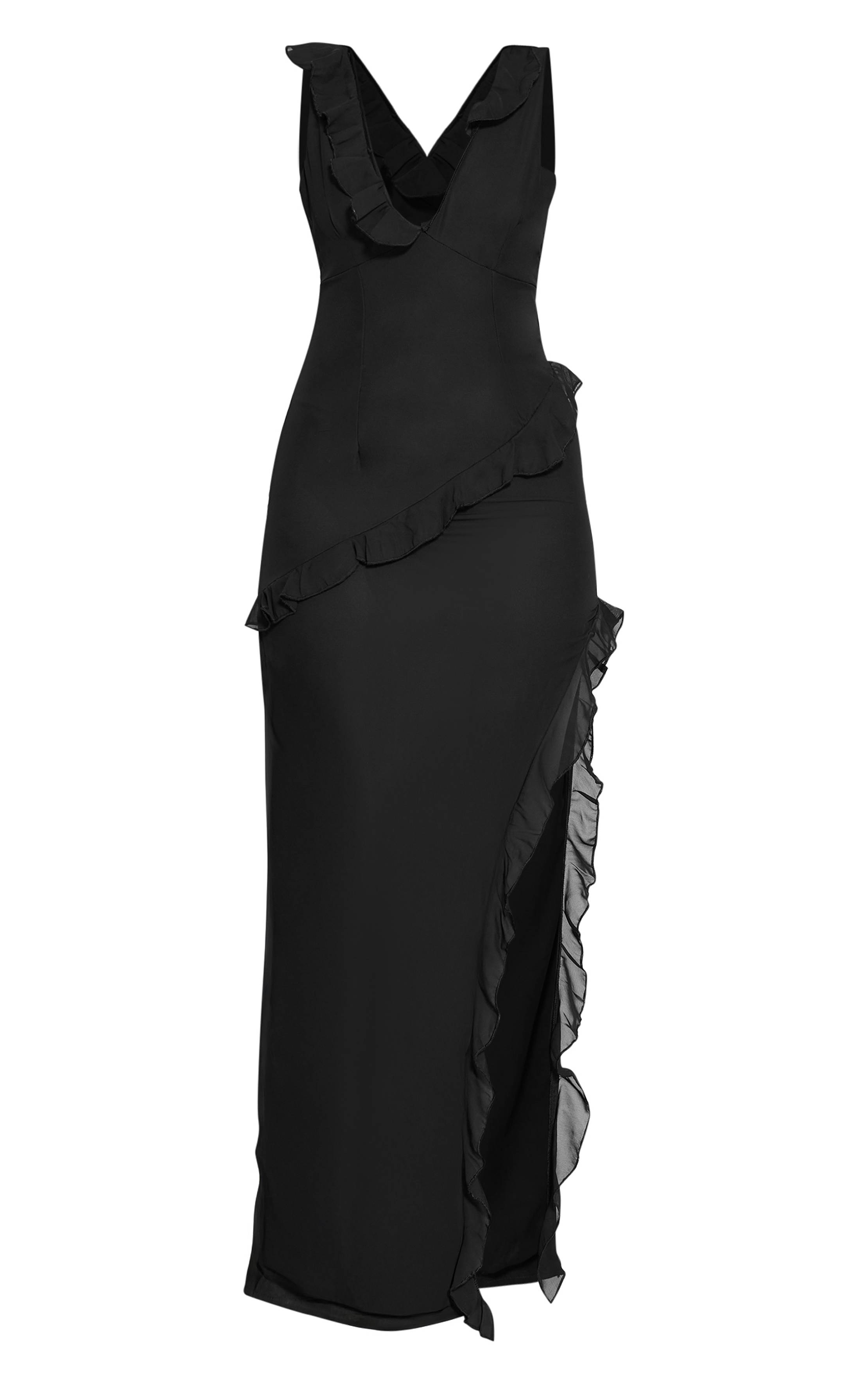 Noir Robe Maxi À Fleurs Asymétrique Avec Volants Et Fente