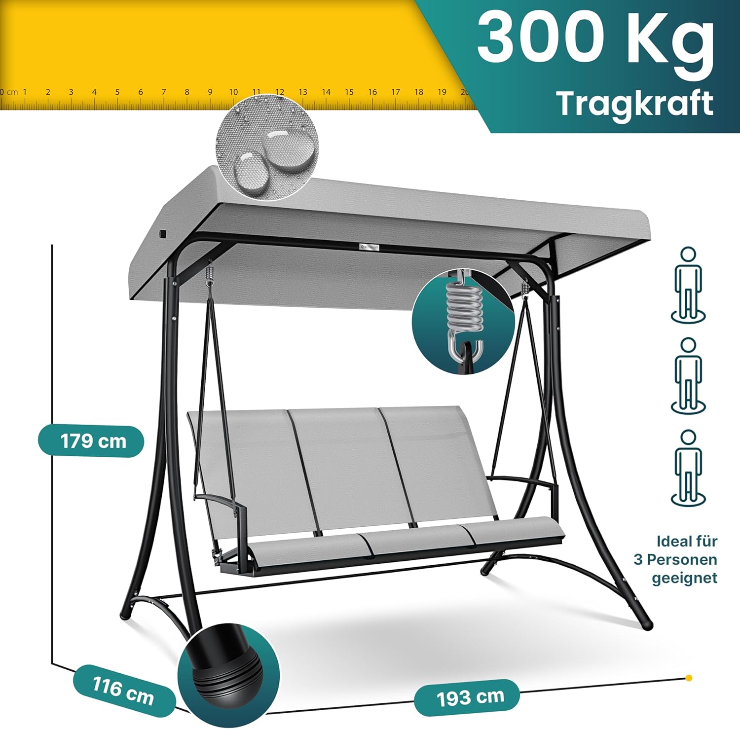 KESSER® Hollywoodschaukel mit Sonnendach 3-Sitzer & Sitzpolster-Auflage | Gartenschaukel bis 360kg belastbar | Gartenliege mit Anti-Rutsch-Füßen | Schaukelbank wasserabweisend für Outdoor & Indoor