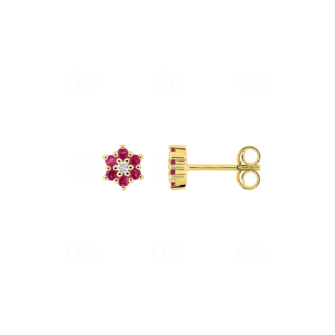 Ohrstecker 750/18 K Gelbgold Blumen mit Rubinen & Diamanten 0.02 ct