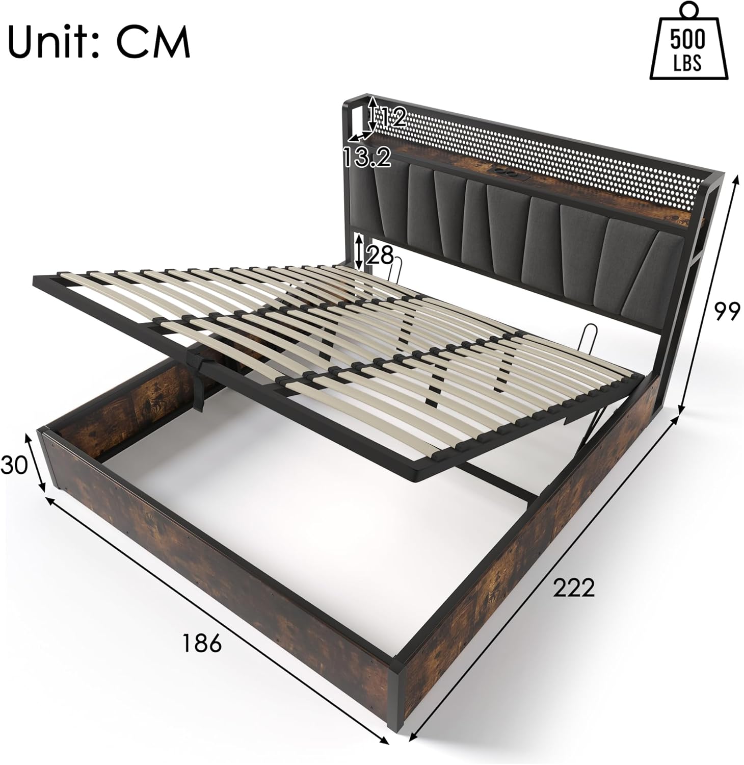 Polsterbett 180x200cm, Hydraulisch Doppelbett mit Stauraum und Lattenrost, LED Kopfteil mit USB Ladefunktion, Stauraumbett Metallbett Jugendbett Bettgestell, Leinen (Grau, Ohne Matratze, 180x200cm)