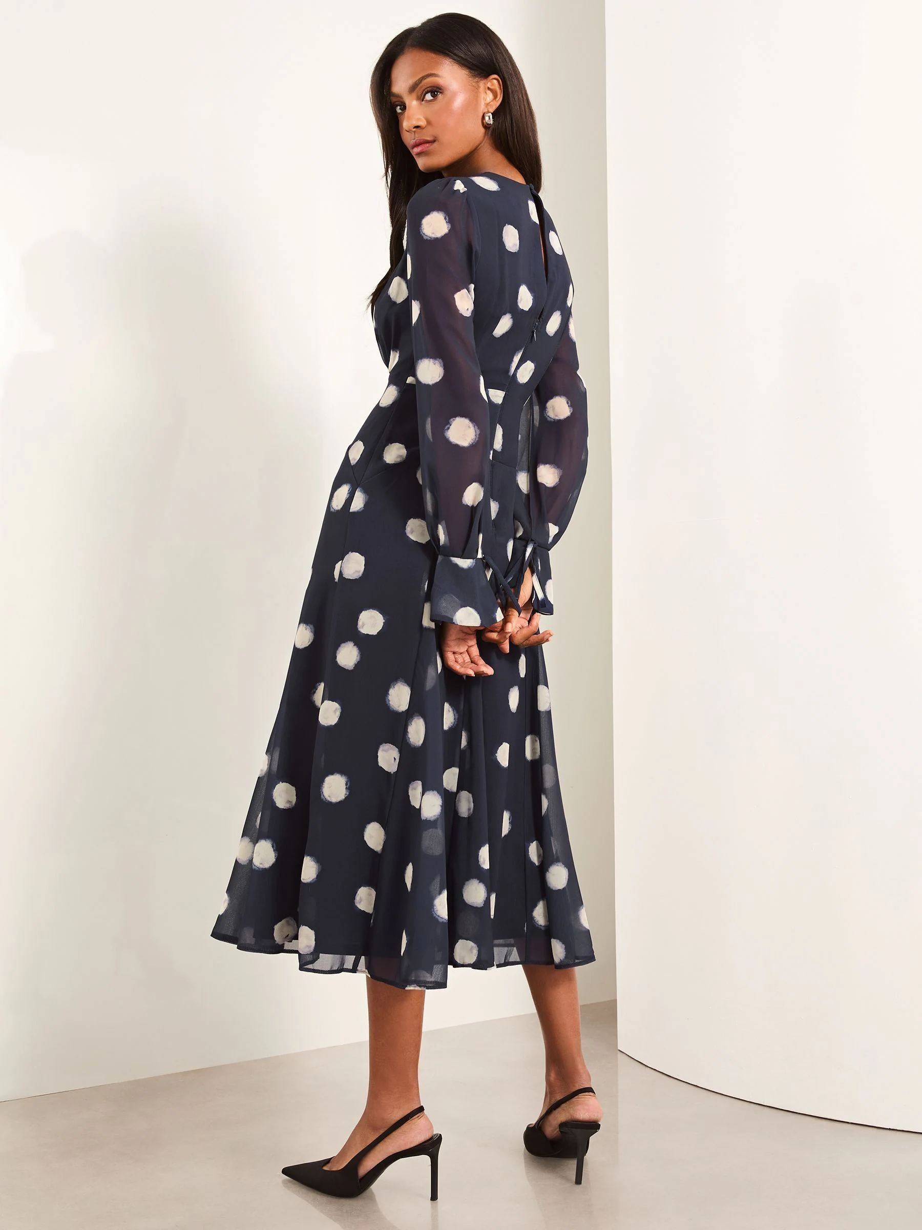 Marineblauwe stip - Lipsy Long Sleeve Underbust Fit And Flare Midi Dress