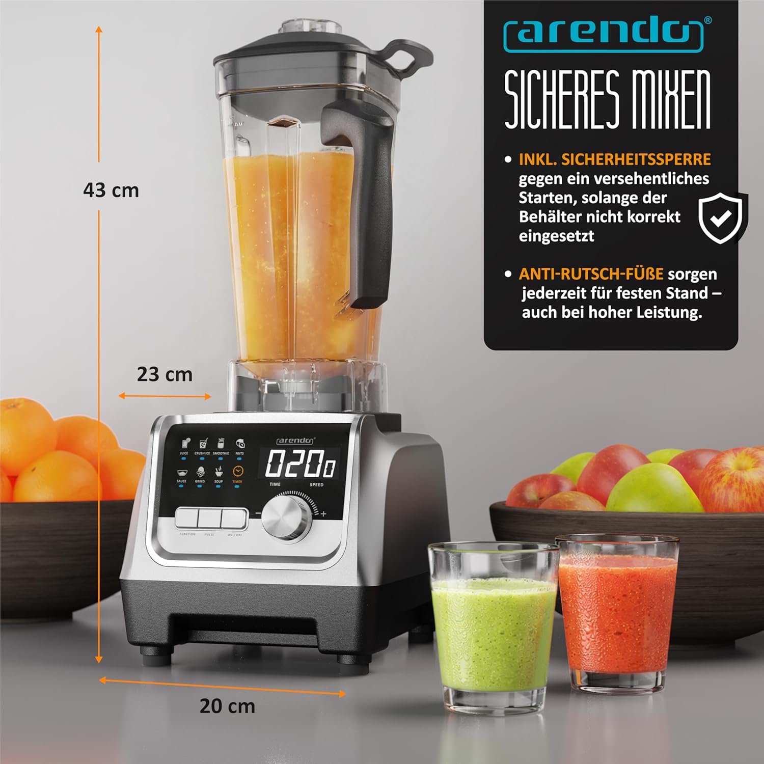 Arendo – Standmixer 2000 Watt - Hochleistungsmixer Edelstahl - 2 Liter Fassungsvermögen – mit Display - 9 Geschwindigkeitsstufen – hochwertige Edelstahl-Messereinheit – 3 voreingestellte Programme