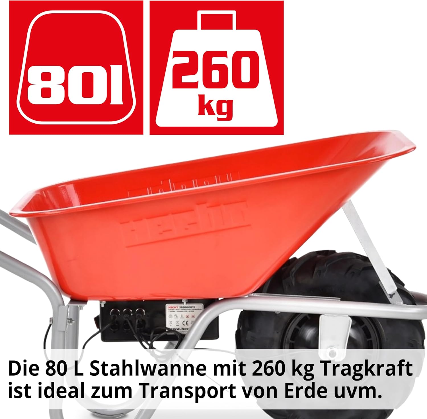 HECHT elektrische Schubkarre mit 80 Liter – 260 kg Tragkraft – 280 W Motor –Luftreifen auf Stahlfelge – pulverbeschichtete Stahlwanne – Motorschubkarre – Gartenkarre elektrisch – Elektro Dumper
