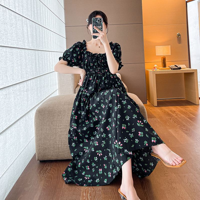 matteira - Maxi-zomerjurk met pofmouwen en bloemenprint voor zwangerschap