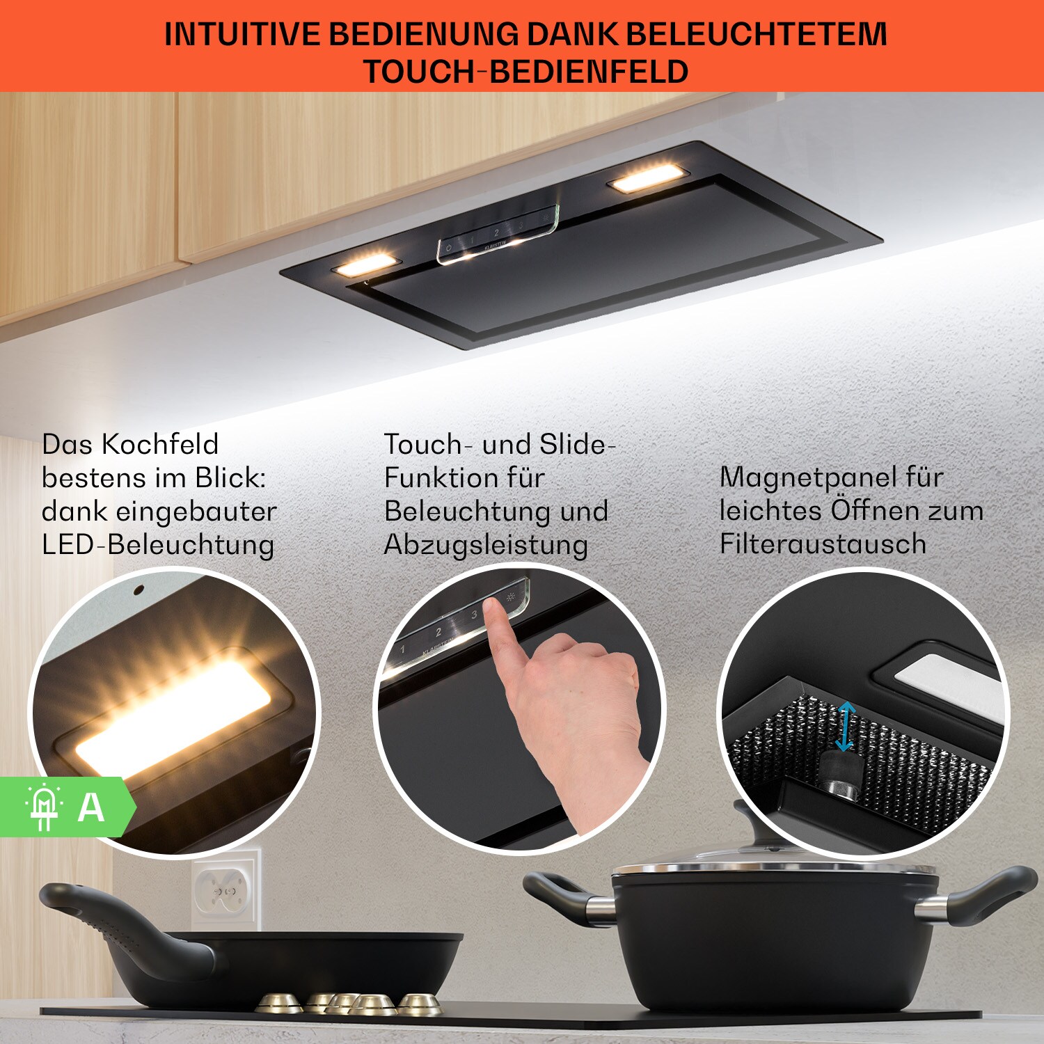Camila Dunstabzugshaube Einbau 52 cm 397 m³/h LED Touch Edelstahl Schwarz