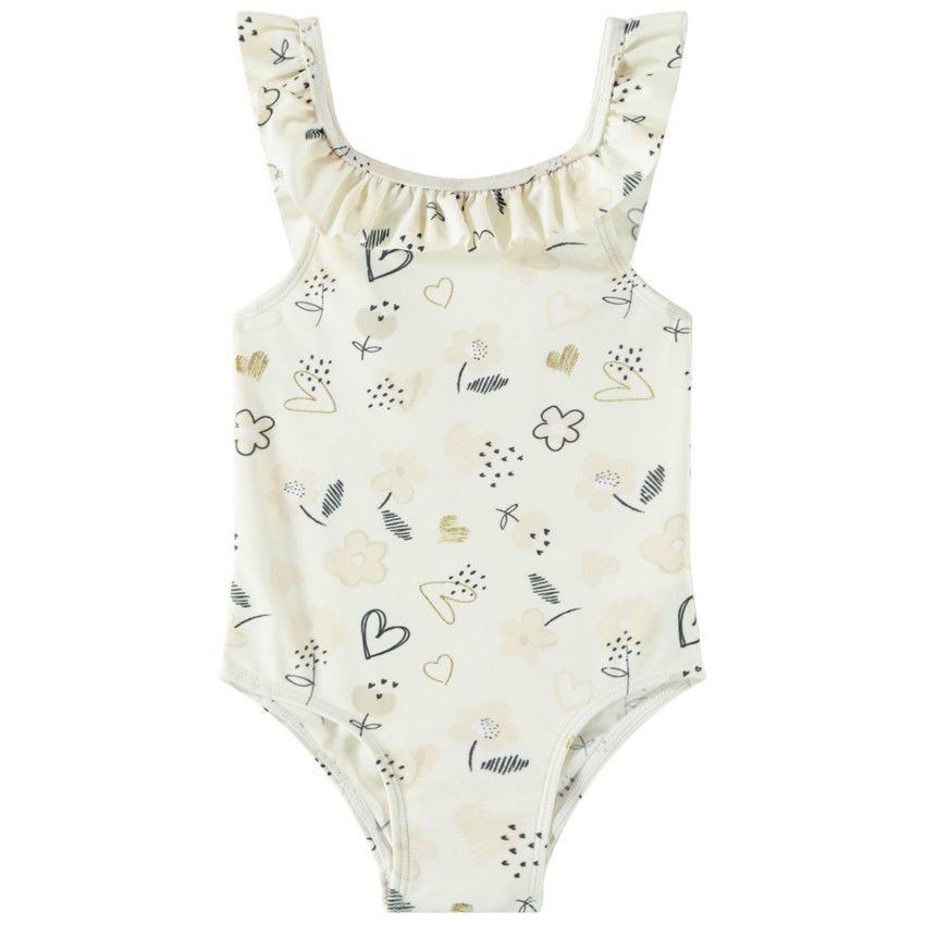 Maillot de bain 1 pièce en jersey imprimé fantaisie pour bébé fille - Ecru