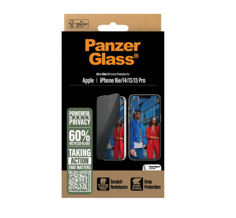 iPhone 16e / 14 / 13 / 13 Pro Antibakterielle Ultra Wide Fit Privacy Panzer Glas Displayschutz (PGRPUWFG29845)
